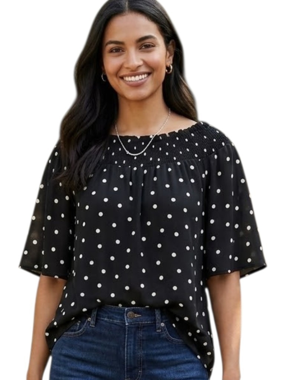 ANN TAYLOR Polka Dot Smocked Neck Blouse Size L Black White Flutter Sleeve